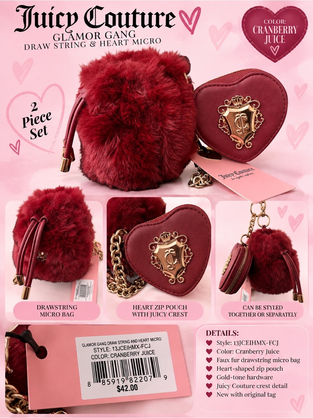 Juicy Couture Red Faux Fur Drawstring Micro Bag & Heart Coin Purse NWT